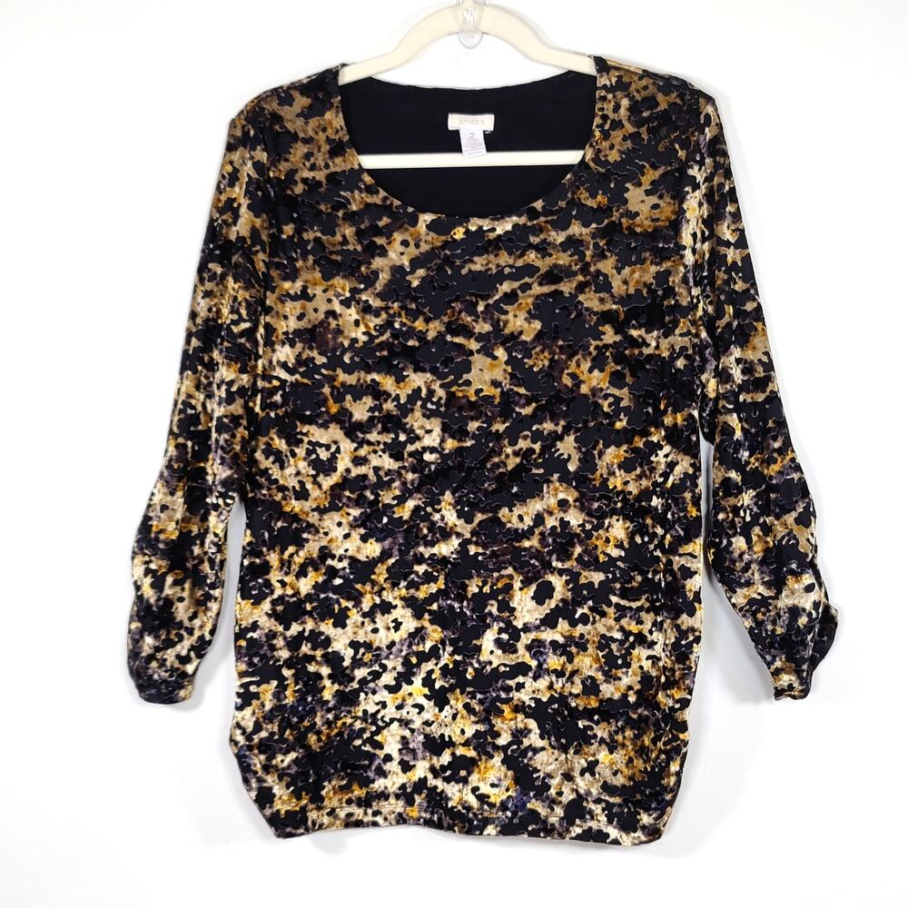 Chico's Burnout Velvet Top Long Sleeve Black Gold Abstract Size 2 (US 12/L)